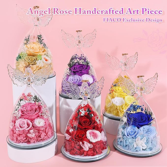 FIACO Gifts for Mom Women Birthday Preserved Rose in Glass Angel Figurine Forever Fresh Flower for Delivery, Mothers Day Flowers Gifts for Grandma Wife Daughter Friends