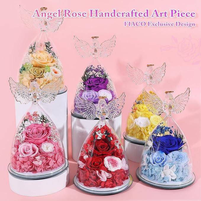 FIACO Gifts for Women Preserved Rose Forever Flower in Glass Angel Figurine Fresh Flowers for Delivery Mothers Day Birthday Gifts for Mom Grandma Wife Sister Yellow
