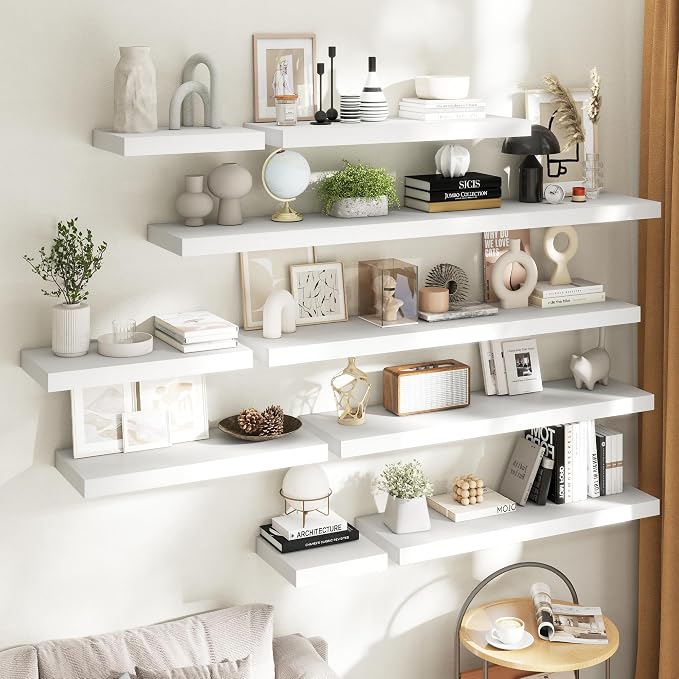 24 Inch Floating Shelves for Wall Set of 2, 12"D Wood Grain Bathroom Shelves with Invisible Brackets, Easy Install Engineered Wood Storage Shelves for Kitchen, Living Room, Bedroom, White Finish