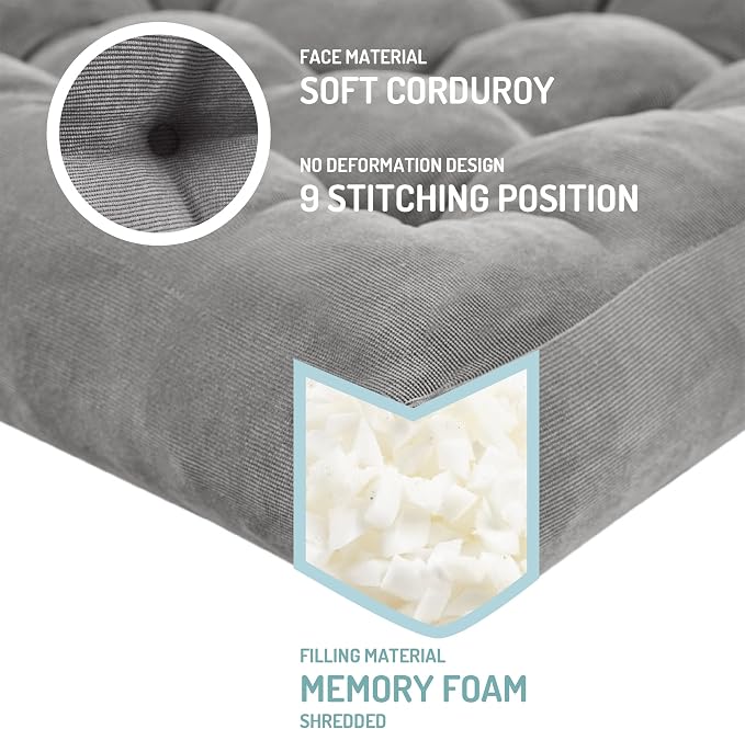 Degrees of Comfort Floor Cushion 6 Pack for Meditation, Home Office & Dorm – Corduroy Soft Seating Set, 22 Inch, High-Density Foam, Square Shape, Grey