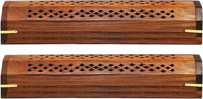 Sheesham Wood Incense Burner Holder – Set of 2 Coffin Style Carved Lattice Lid Ribbed Wood Detail Incense Box - Hidden Storage & Ash Catcher – Aromatherapy Stick & Cone Burner - 12x2x2 – COTTON CRAFT