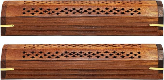 Sheesham Wood Incense Burner Holder – Set of 2 Coffin Style Carved Lattice Lid Ribbed Wood Detail Incense Box - Hidden Storage & Ash Catcher – Aromatherapy Stick & Cone Burner - 12x2x2 – COTTON CRAFT