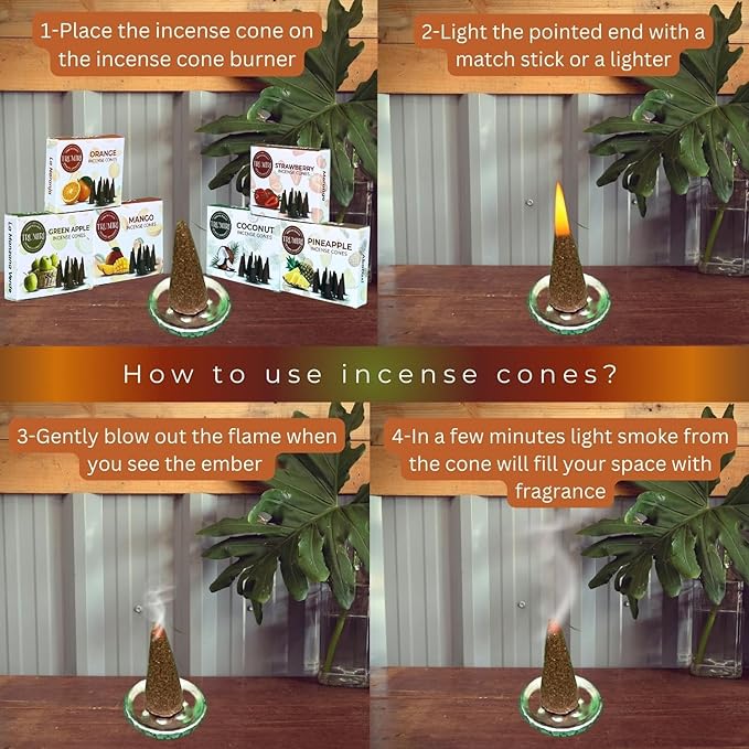 Trumiri Fruity Incense Cones - Variety Pack - Total 60 Cone Incense (6 Scents x 10 Conos) - Strawberry, Coconut, Pineapple, Apple, Mango, Orange - Cone Incense Scents - Insense Cones - Incent Cone