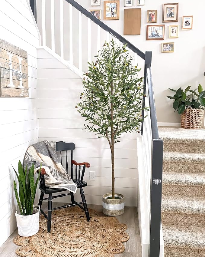 Artificial Olive Tree 5.5FT Faux Indoor Decorative Plant | Tall Trees with Planter&Basket, Large Fake Olive Silk Realistic Olive Plants with Branches for Home Decor Office Living Room