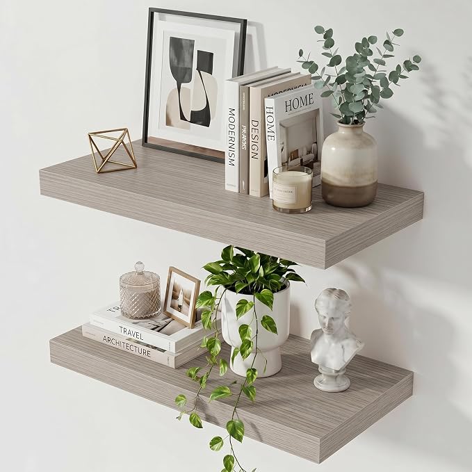 Acovy 24 Inch Floating Shelves for Wall,12" Deep Floating Shelf Set of 2 with Invisible Brackets,Rustic Farmhouse Wall Mounted Shelf for Kitchen,Bathroom,Living Room,Bed Room,Grey