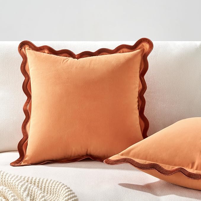 MONDAY MOOSE Decorative Throw Pillow Covers Cushion Cases, Set of 2 Soft Velvet Scalloped Wavy Edge Designs, Mix and Match for Home Decor, Pillow Inserts Not Included (18x18 inch, Rust/Coral)