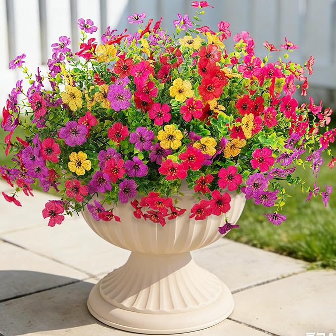 ADXORA 12 Bundles Artificial Flowers,Faux Plants for Spring Summer Decoration, UV Resistant Colorful Violets Eucalyptus for Outside Home Planter Porch Patio Yard Decor