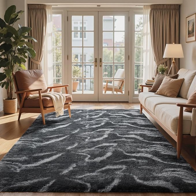 4x6 Ft Shag Rugs for Bedroom Living Room, Tie-Dyed Ultra Soft Fluffy Furry Area Rugs for Indoor Floor, Aesthetic Carpet for Kids Home Decor (Grey)