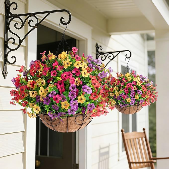 HyeFlora 2 Set Artificial Outdoor Flowers Hanging Basket, Faux Hanging Plants for Outside Spring Decoration, Fake Silk UV Resistant Look Real Daisy for Porch Patio Home Decor