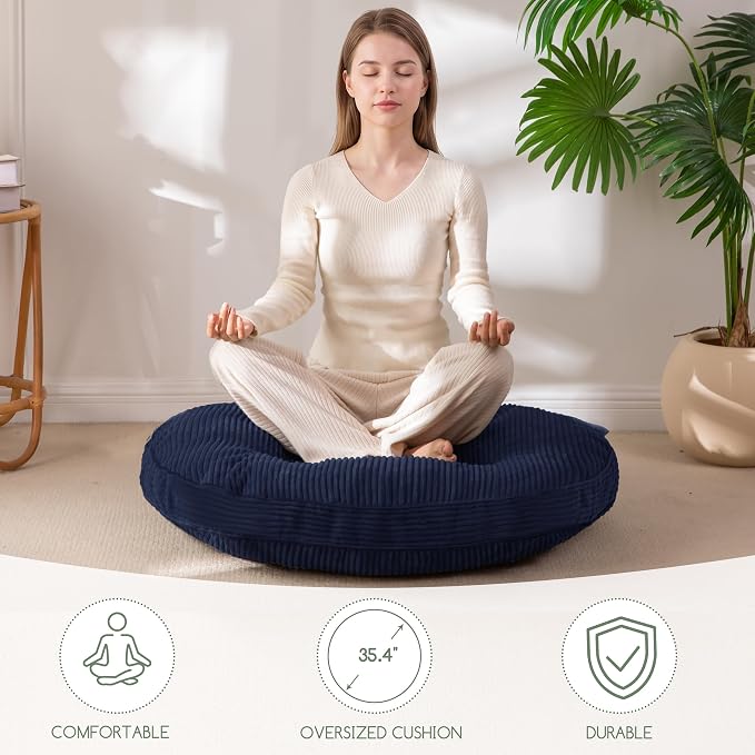 HIGOGOGO 35" Floor Pillow Cushion for Adults, Meditation Cushion Pillow, Extra Large Square Floor Sitting, Tufted Corduroy Cover for Tatami Living Room or Yoga, Navy