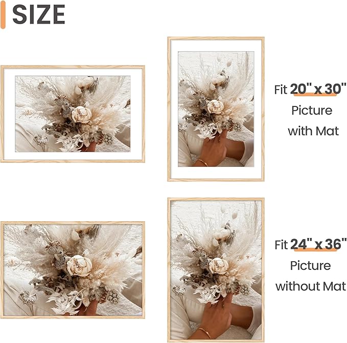 upsimples 24x36 Poster Frame, Display Pictures 20x30 with Mat or 24x36 Without Mat, Wall Hanging Picture Frame, Natural, 1 Pack