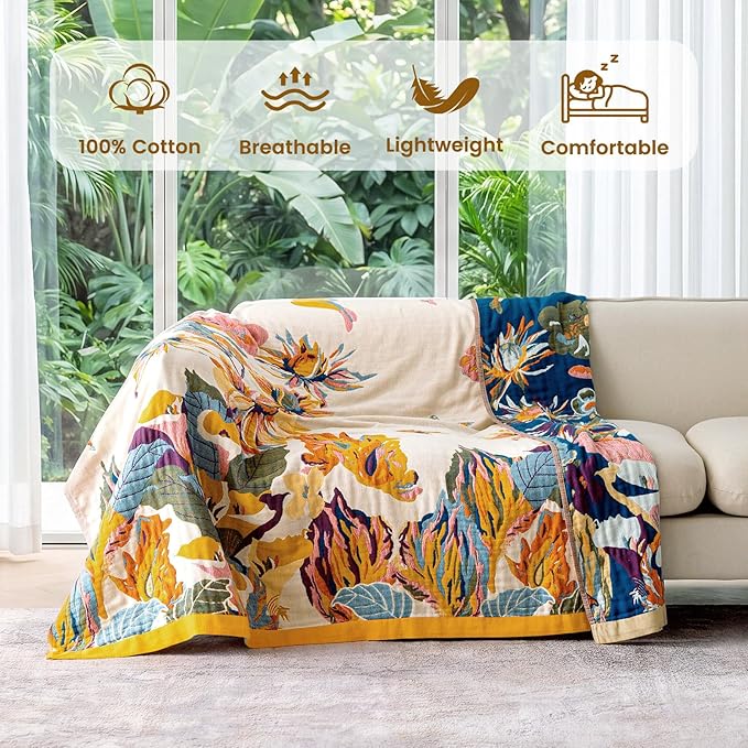 MSGKV Boho Throw Blanket 60''x80'',100% Cotton Blanket for Couch Bed, Summer Breathable Quilt Farmhouse Home Decor Soft Lightweight Picnic Blankets