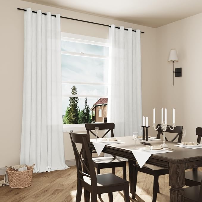 2 Panels White Curtains 90 Inch for Living Dining Room Grommet Lightweight Modern Farmhouse Boho Cotton Textured Linen Drape Ring Top Off White Semi Sheer Curtain 90 Inches Long for Bedroom Office