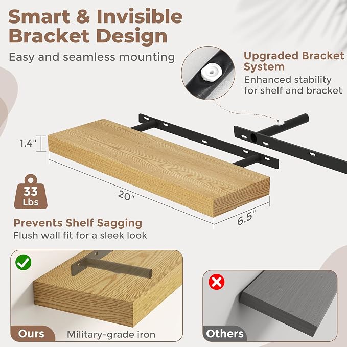 Venusmiles Floating Shelves for Wall, 20 Inch Floating Shelves Set of 2, 6.5" D Wooden Wall Mounted Display Shelves with Invisible Brackets for Living Room, Bedroom, Bathroom, Kitchen Decor, Oak