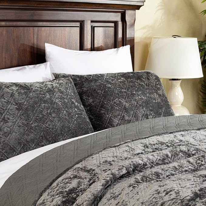 ELEGANT LIFE HOME Luxury Washed Crushed Velvet Diamond Stitching Bedding Quilt Set with Matching Sham, Full/Queen (90 in x 92 in /1+20 in x 26 in /2), 3 Piece, Charcoal Gray