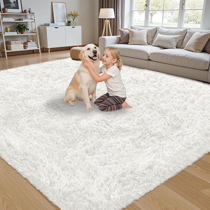 6x9 Area Rug for Living Room:Ultra Soft Fluffy Shag White Rugs,Large Fuzzy Plush Indoor Non Slip Carpet Washable Rug for Bedroom Kids Nursery Office Dorm Modern Decor(White 6'x9')
