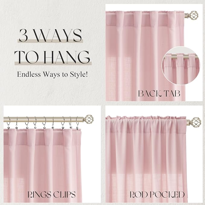 Jowels Pink Linen Curtains 82 Inch Long 2 Panels for Living Room | Light Filtering Semi Sheer Curtain, Back Tab Pocket Pleated Look, Boho Farmhouse Textured Privacy Drapes for Bedroom Window