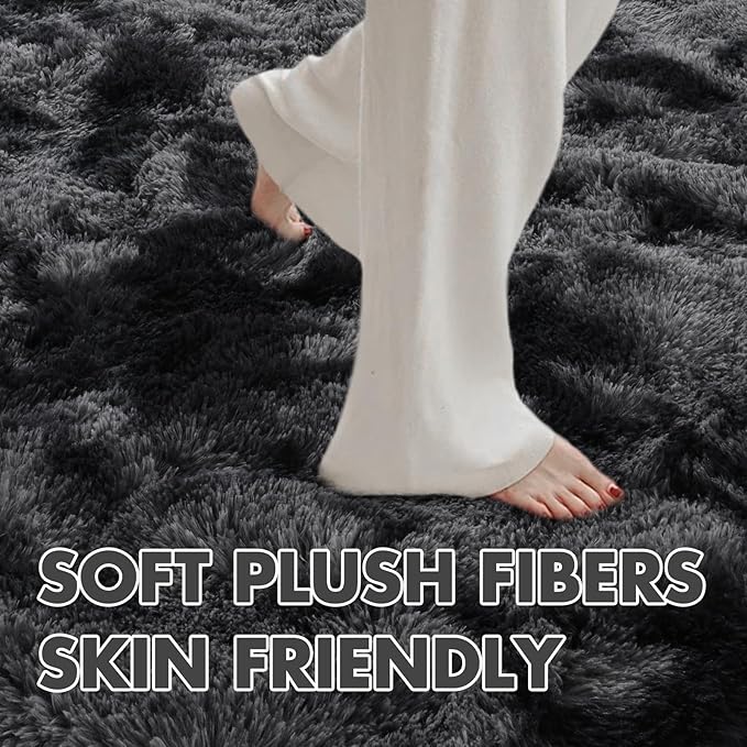 5x7 Ft Large Shag Rugs for Bedroom Living Room Decor for Men Boys, Tie Dyed Ultra Soft Fluffy Furry Area Rug for Indoor Floor, Aesthetic Carpet for Home Decor (Dark Grey)