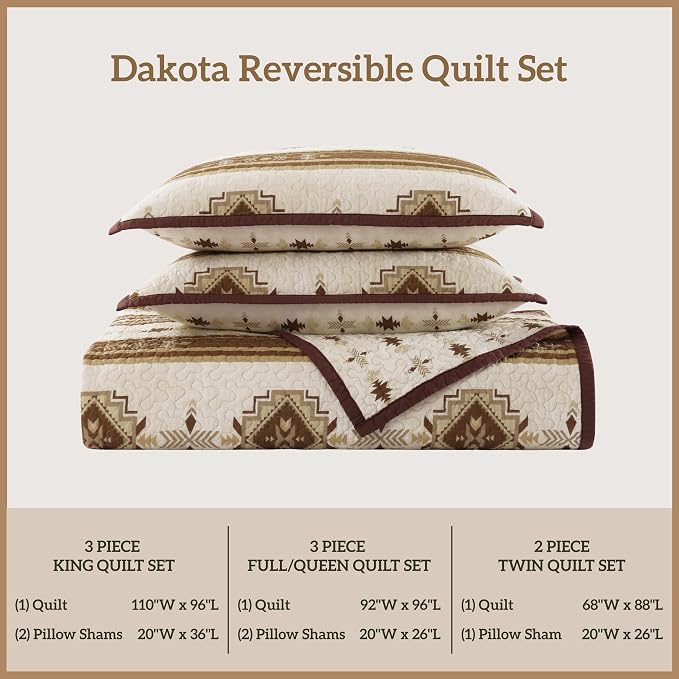 Paseo Road Dakota King Quilt Set, 3 Piece Rustic Western Bedding Set with Pillow Sham, Lightweight Reversible Cotton Quilt with Southwestern Aztec Pattern, Soft Breathable Cozy Boho Bedding