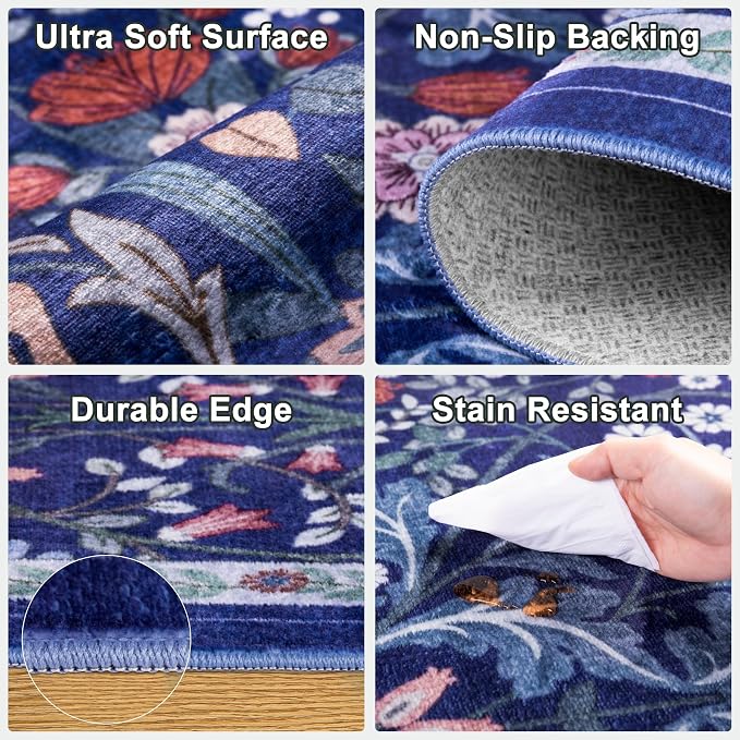 Area Rug Living Room Rugs: Floral 3x5 Washable Rug Vintage Soft Boho Non-Slip Carpet Indoor Floor Stain Resistant Large Carpets for Bedroom Dining Room Farmhouse Nursery Hallway Blue