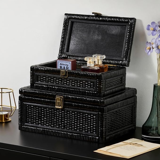 2PCS Rattan Boxes with Lid Decorative Natural Handmade Boho Baskets Woven Wicker Cane Bin Keepsake Memory Jewelry Rectangular Desk Shelf Closet Organizer Container (Black, 1 Large 1 Small)