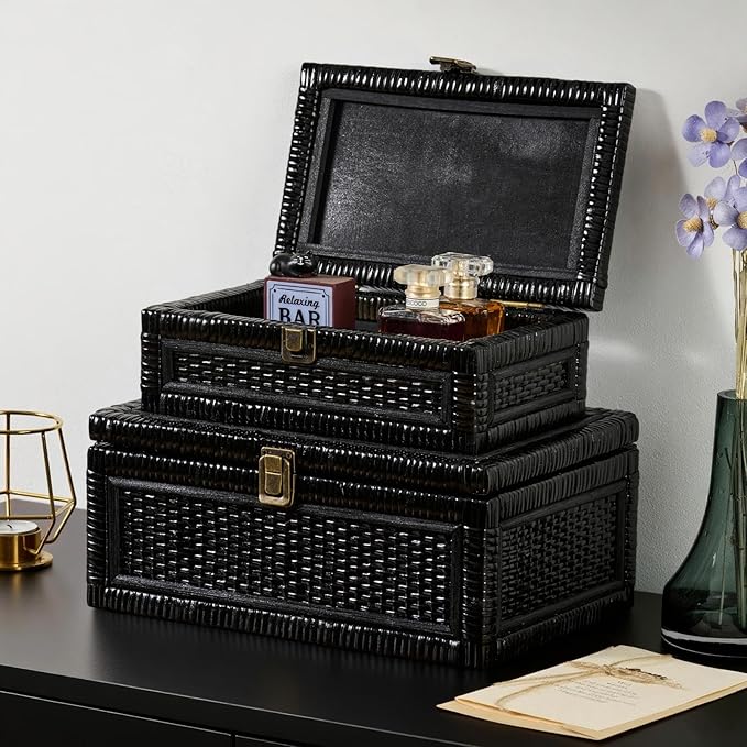 Rattan Box with Lid Decorative Natural Handmade Boho Rattan Baskets Woven Wicker Cane Bins Keepsake Memory Jewelry Boxes Rectangular Desk Shelf Closet Organizer Container (Black, Small)