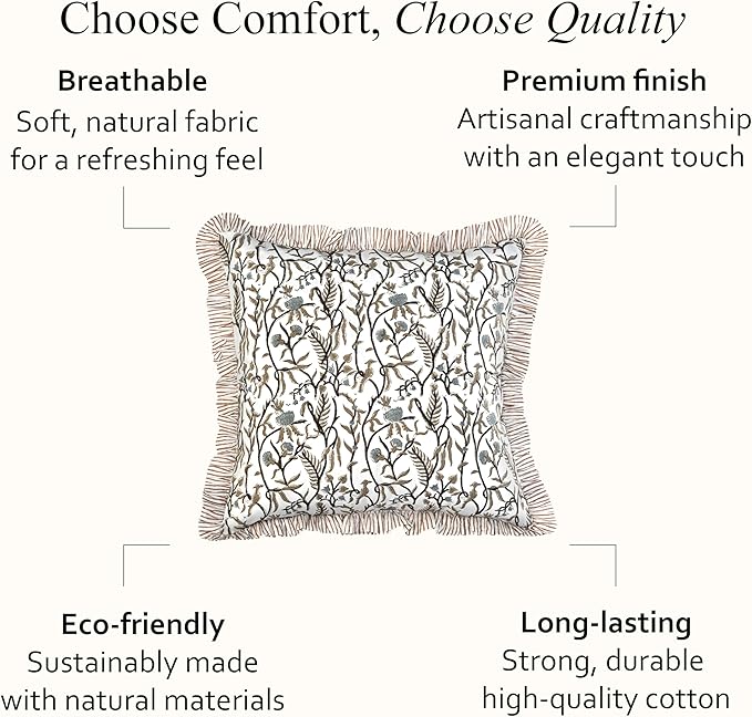 CPC Cocoa Vine Hand Block Print 100% Cotton Ruffle Throw Pillow Cover 24x24 inch with Hidden Zipper Decorative for Couch, Bed, Sofa, Farmhouse, Cottagecore Decor Gift Christmas Fall Thanksgiving