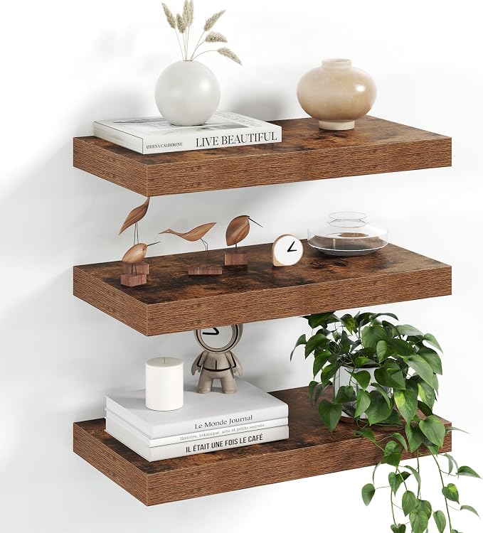 Fun Memories 16Inch Floating Shelves for Wall, 8 Inch Deep Shelves for Bathroom|Bedroom|Kitchen Wall Mounted, Wood Hanging Shelf with Invisible Brackets for Home Storage Decor, Rustic Brown - 2 Pack