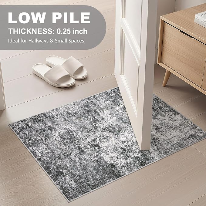 DMOYEST 2x3 Entryway Area Rug: Washable Neutral Modern Abstract Small Rug - Non-Slip Low Pile Throw Indoor Carpet for Entrance Kitchen Front Door Mat Bathroom Entry Kids Room - Grey