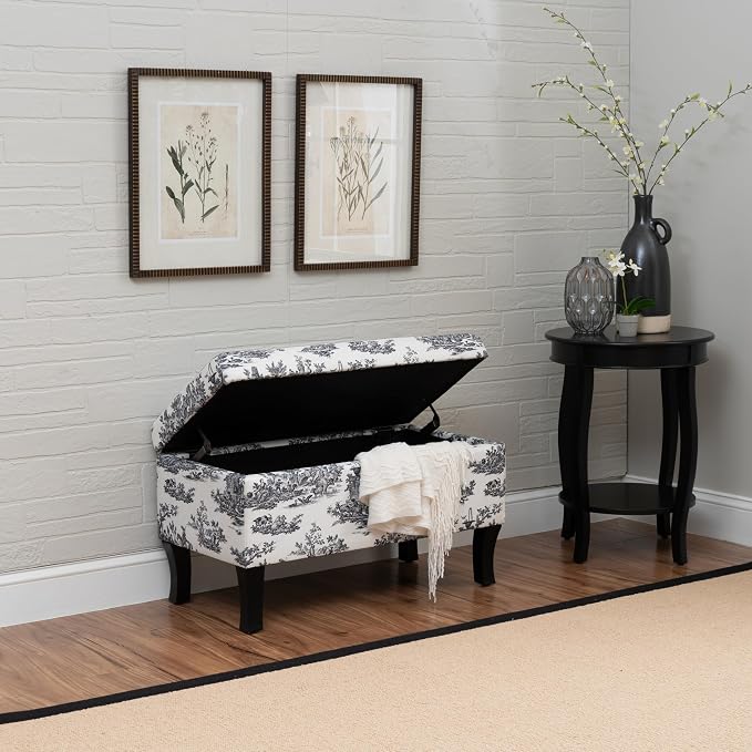 Linon Stephanie Black and White Toile Fully Upholstered Bench with Hidden Interior Storage