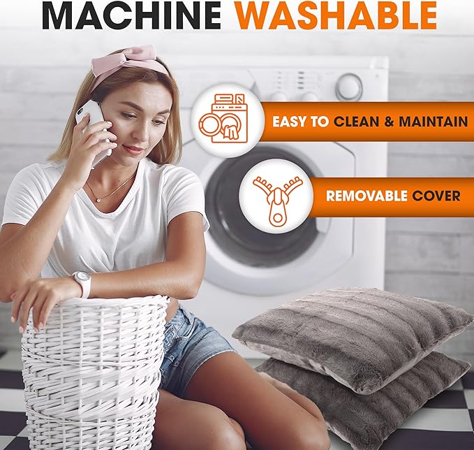 Cheer Collection Faux Fur Throw Pillows - Decorative Pillows for Couch, Bed Throw Pillows, Grey Accent Pillows for Bedroom or Living Room Aesthetic, Set of 2 Furry Throw Pillows, 26" x 26"