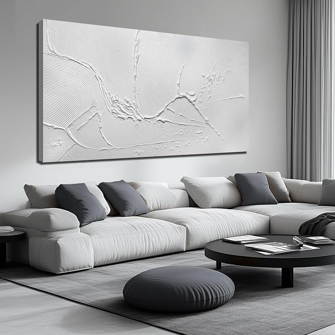 THRLVEART Large Paintings for Living Room White Abstract Art Wall Decor for Dining Room Huge Home Ofiice Decor 47 x 95 Inch