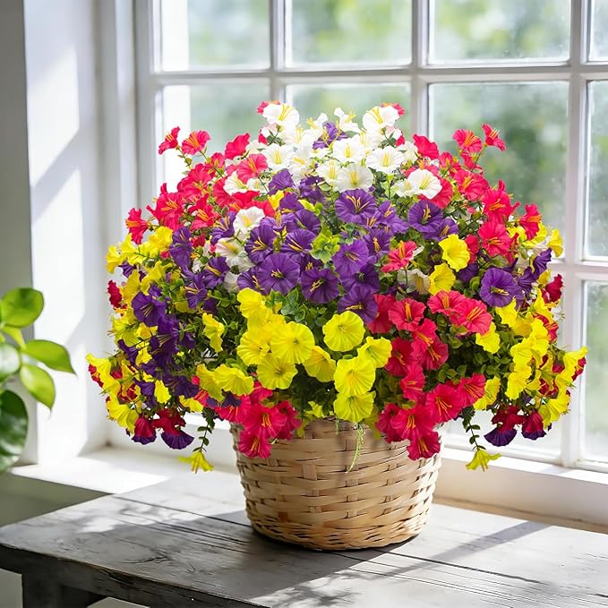 Grunyia 16 Bundles UV Resistant Artificial Morning Glory Flowers - Faux Silk Plastic Fake Flowers with Green Foliage for Outdoor Indoor Porch Patio Planter Yard Garden Home Decor