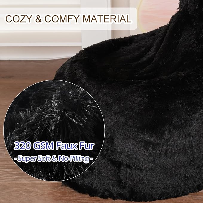 BCU Bean Bag Chair Cover Ultra Soft Fluffy Faux Fur Beanbag Cover Plush Living Room Chairs Cover for Adults and Kids, Black