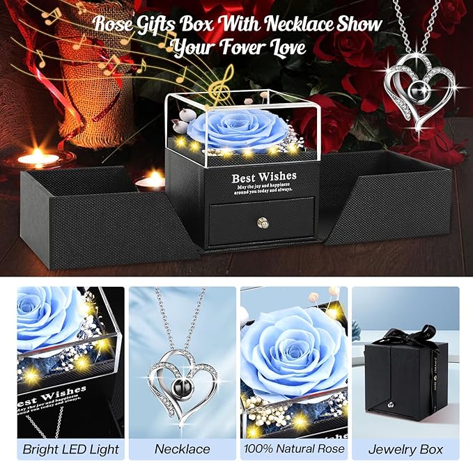 Pasuvsigt Valentines Day Rose Gifts for Her, Preserved Real Rose with I Love You Heart 100-Language Necklace, LED Lights & Music Box, Anniversary Birthday Valentines Gifts for Women Girlfriend Mom