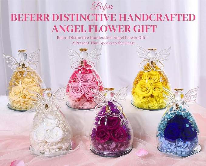 Beferr Mothers Day Mom Birthday Gifts for Women, Fresh Flowers for Delivery Forever Preserved Rose in Glass Angel Figurine, Anniversary Christian Real Rose for Grandma Nana Wife Mum from Daughter Son