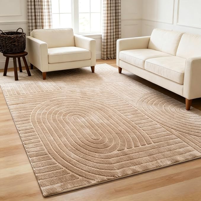 Brown Solid Area Rug 5x7, Washable Living Room Rug, Ultra Soft Indoor Rugs for Bedroom, Modern Geometric Boho Pattern High-Low Textured Carpet for House Apartment, Home Office Decor