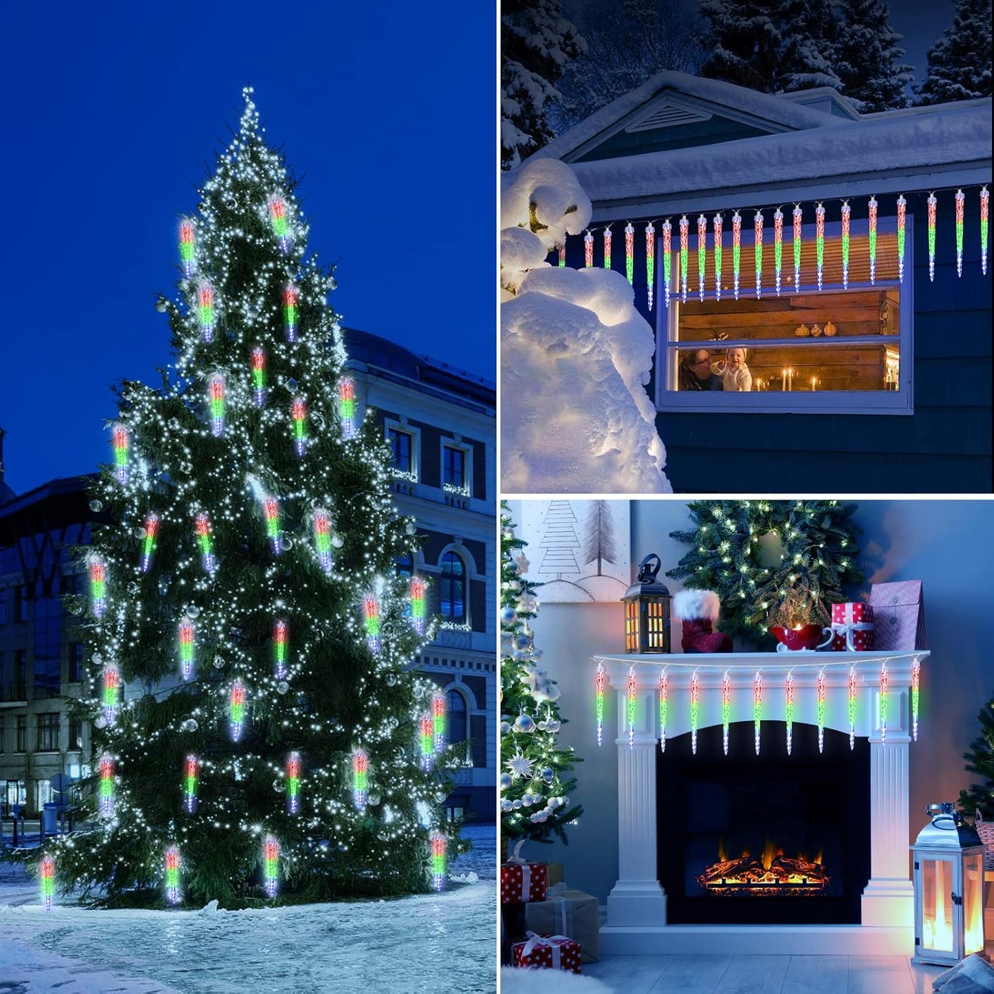 Icicle Lights Outdoor, 10 Ft Meteor Shower Lights with 10 Ice Shaped Tube, Snowfall Shooting Star Light Effect, Falling Crystal Christmas Decorations for House Eave Roofline Patio, Multicolor