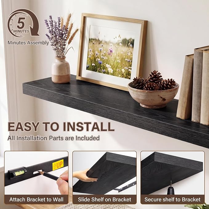 Acovy 10" Extra Deep Floating Shelves for Wall, 48" Long Wood Wall Shelves Set of 1 for Bathroom Bedroom Kitchen Living Room Laundry Room, Modern Floating Shelf for Home Decor