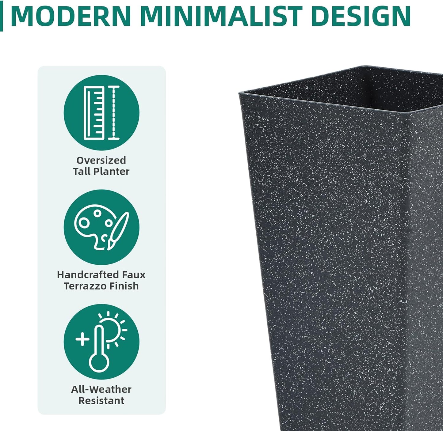 28" Large Tall Square Planters for Outdoor Plants, Set of 2 V-Shaped Planter Box with Black Terrazzo Look, Durable and Weather Resistant, Ideal or Garden, Patio, Porch or Home use.