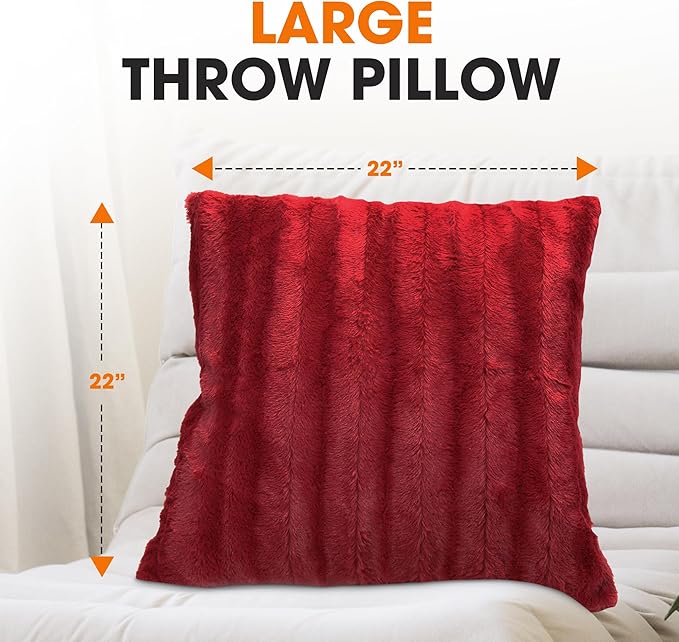 Cheer Collection Faux Fur Throw Pillows - Decorative Pillows for Couch, Bed Throw Pillows, Maroon Accent Pillows for Bedroom or Living Room Aesthetic, Set of 2 Furry Throw Pillows, 22" x 22"