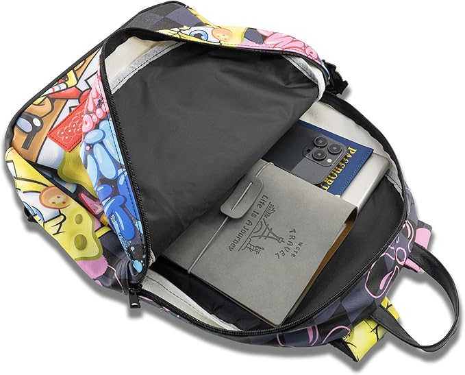 Fast Forward SpongeBob SquarePants Backpack for Teens | 16" Saffiano Leather School Bookbag with Rubber Luggage Tag | SpongeBob Bag for Boys, Girls, Unisex | Officially Licensed Nickelodeon
