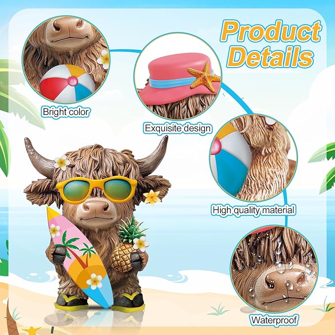 Karenhi 2 Pcs Summer Highland Cow Decorations for Home, Beach Seaside Gnomes Figurines Resin Scottish Statue Gifts for Kitchen Office Tiered Tray Table Mantel Decor