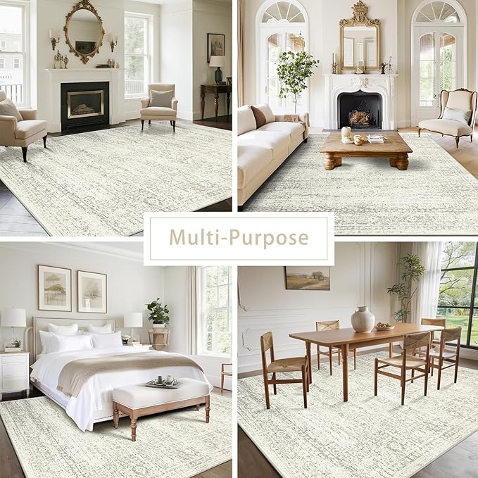 Srugn Washable Rugs 6x9 Area Rugs for Living Room,Bedroom,Dining Room- Large Ultra Soft Faux Wool Retro Carpets,Non Slip&Non-Shedding Low Pile Vintage Print Rug for Home Office Decor-Beige