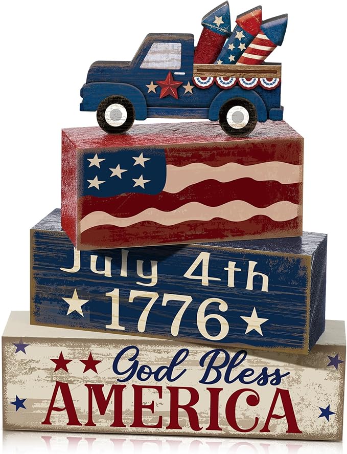 CroBlissful 4 Pcs 4th of July Decorations Patriotic Memorial Day Tabletop Decorations Red White Blue Table Centerpieces Sign for Office Tiered Tray Home Shelf 250th Anniversary(Truck)