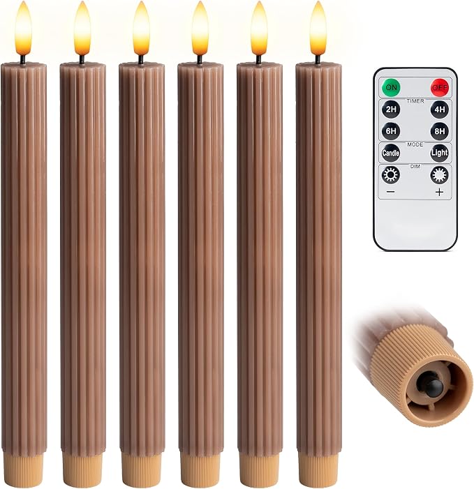 6 Pack, 10" LED Flameless Real Wax Brown Tan Fluted Ribbed Grooved Taper Candles, Remote & 24h Timer Memory, On/Off Button, Dimmable, Flicker Mode, Battery Operated, Wedding