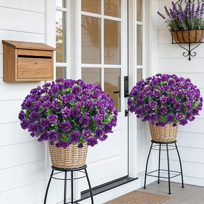 Artificial Faux Outdoor Flowers Plants for Spring Summer Decoration, Fake Silk Camellia UV Resistant Look Real for Planter Outside Front Door Porch Patio Balcony, 3 Large Bundles (Dark Purple)