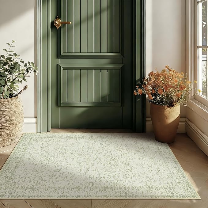BILEEHOME Sage Green 2x3 Boho Rugs for Kitchen Bathroom Hallway Washbale Non Slip Front Door Rug Indoor Entrance Low Pile Light Green Area Rug for Bed Side Bedroom Floor Laundry Room 2 x 3