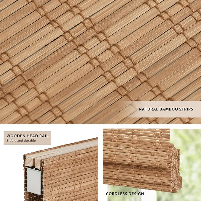 LazBlinds No Tools No Drill Cordless Bamboo Roman Shades, Light Filtering Window Treatment, Roll Up Bamboo Blinds for Windows 25'' W x 64'' H, Ceylon Light Russet