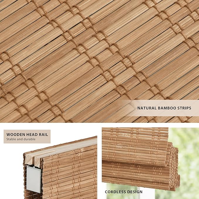 LazBlinds No Tools No Drill Cordless Bamboo Roman Shades, Light Filtering Window Treatment, Roll Up Bamboo Blinds for Windows 37'' W x 72'' H, Ceylon Light Russet